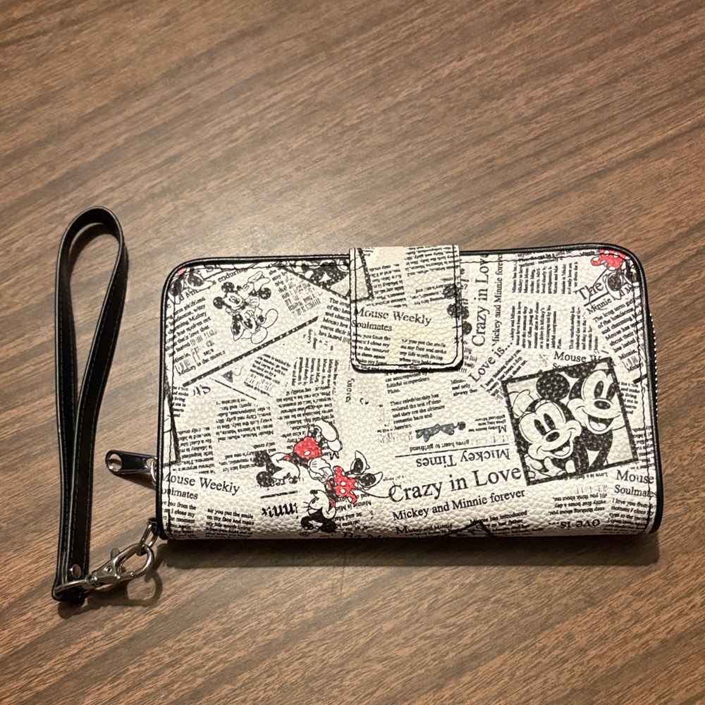 Disney Parks Mickey Minnie Mouse Crazy in Love Newspaper Wristlet